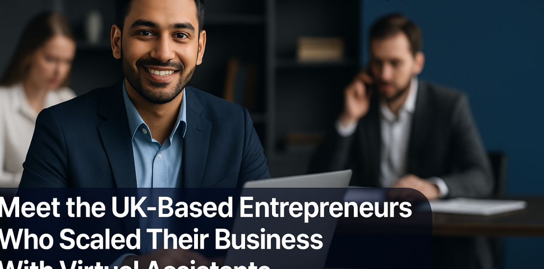 UK-based entrepreneur working remotely with laptop at modern coworking space, supported by virtual assistants in the background – representing business growth through We Remotify remote staffing solutions.