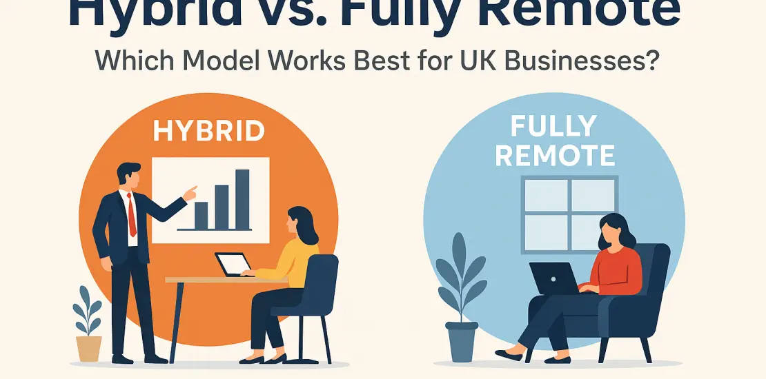 Illustration comparing hybrid and fully remote work models for UK businesses, showing a professional office setting on one side and a remote worker at home on the other.