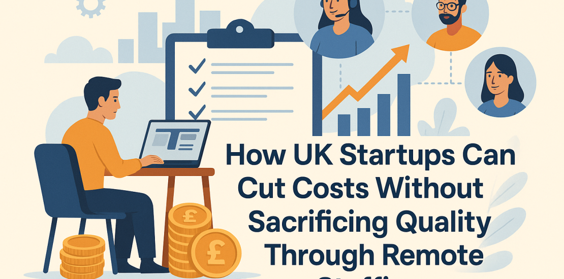 Illustration of a UK startup founder using remote staffing to reduce costs, featuring virtual team members, financial savings, and productivity icons.
