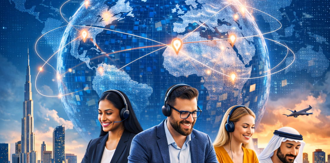 Professional remote staffing and global hiring in 2026 illustration featuring diverse professionals working on laptops, digital network connections across continents, and iconic city skylines representing US, UK, Canada, and UAE.
